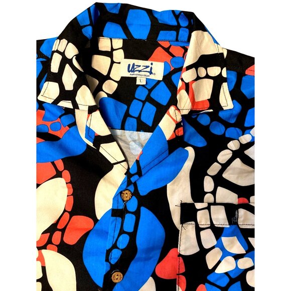 Uzzi Mens Large Button-Up Hawaiian Shirt With Abstract Turtle Shell Print In Red - Picture 2 of 6